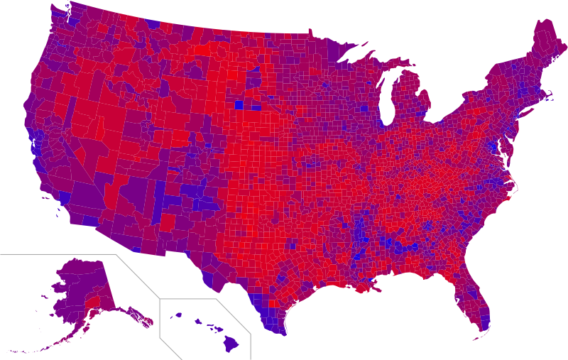map of USA showing 2016 election results colored red or blue by county