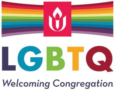 The words LGBTQ Welcoming Congregation with a rainbow and a pink UUA chalice logo above