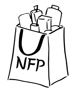 digital drawing of a grocery bag with items inside and the letters N F P on the outside.