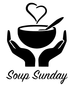 graphic showing two open hands holding a bowl and spoon, and steam rising from the bowl in the shape of a heart. The words "Soup Sunday" are written in a script font underneath the image.