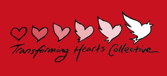 A red hear that becomes a white dove over a red background with the words Transforming Hearts Collective below