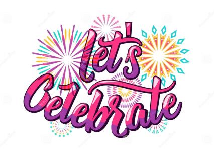 the words "Let's Celebrate" in pink & purple with multi-colored fireworks behind them on a white background