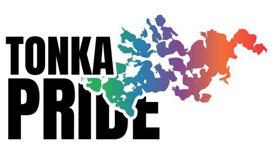 The words Tonka Pride next to a rainbow colored outline of Lake Minnetonka