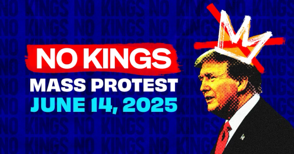 blue square with the words no kinds mass protest