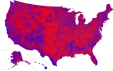 map of USA showing 2016 election results colored red or blue by county
