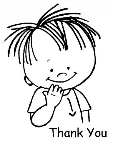 line drawing of a child gesturing "thank you" in sign language