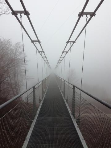 photo of a small suspension bridge leading into fog