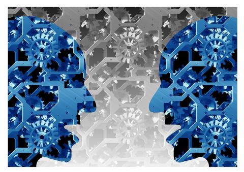 illustration of two heads made up of metallic gears, in conversation