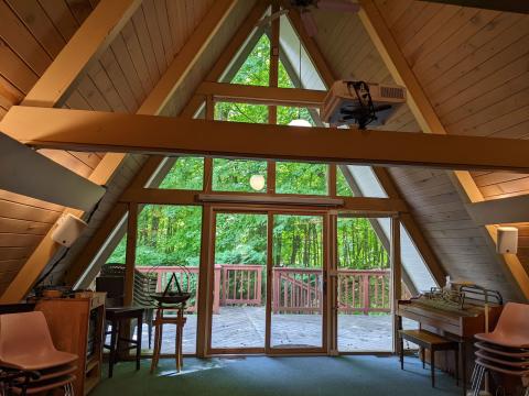 photo of the inside of the Lake Fellowship A-Frame building top floor