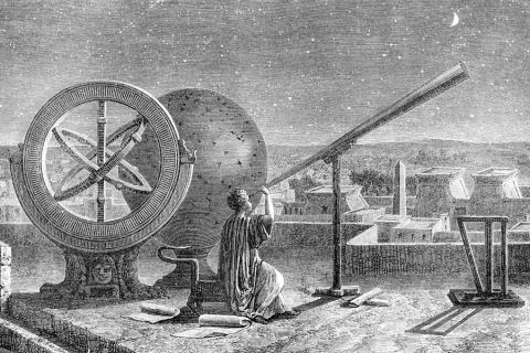 image of an engraving showing ancient Greek astronomer Hipparchus looking at the night sky through a telescope