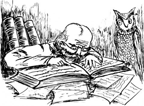 illustration of an older man reading a book near an owl