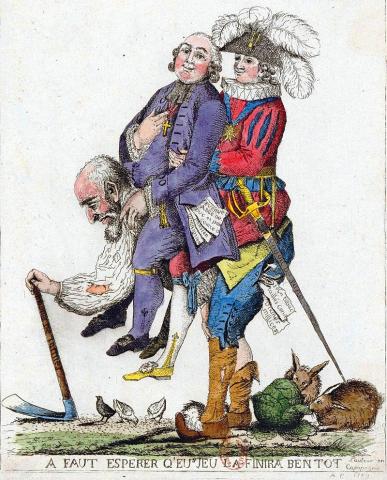 A French political cartoon of the three orders of feudal society (1789). It depicts the rural third estate as a poor, old man, walking bent over with a pick-axe, and carrying a cheerful member of the clergy and a member of the nobility on his back.