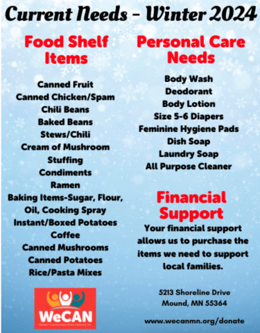 a list of items that WeCAN is requesting for the winter of 2024, such as toiletries and canned goods