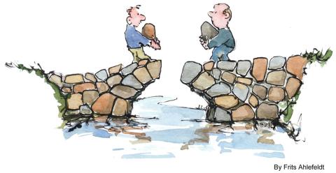 illustration of two people building a bridge from opposite sides across a body of water