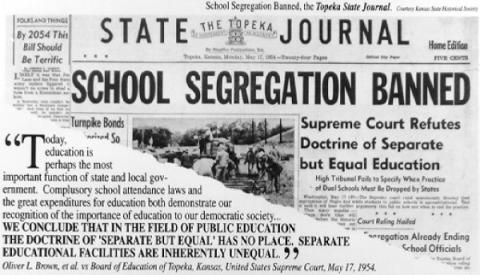 photo of the Topeka State Journal newspaper headline stating "School Segregation Banned."