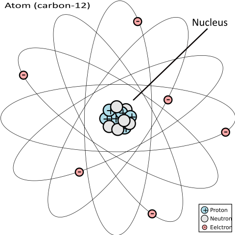 illustration of a carbon atom, showing the protons, neutrons, and electrons