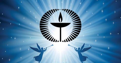 a starry, blue sky with two winged angels blowing trumpets on either side of the modern UU chalice symbol