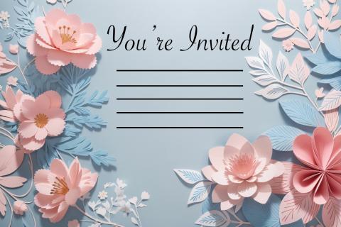 image of a blank invitation with pink and blue flowers on the sides, and the text, "You're Invited" on the top