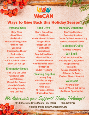 image showing the wishlist for donations to WeCAN for the holiday/winter 2024-25 season