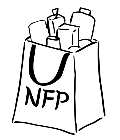 digital drawing of a grocery bag with items inside and the letters N F P on the outside.