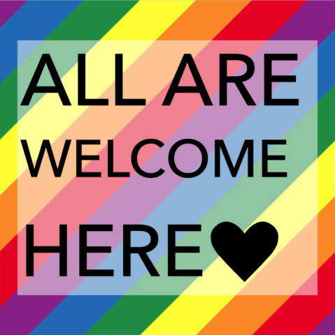 image showing rainbow colored diagonal stripes behind the text "All Are Welcome Here" with a heart in black.