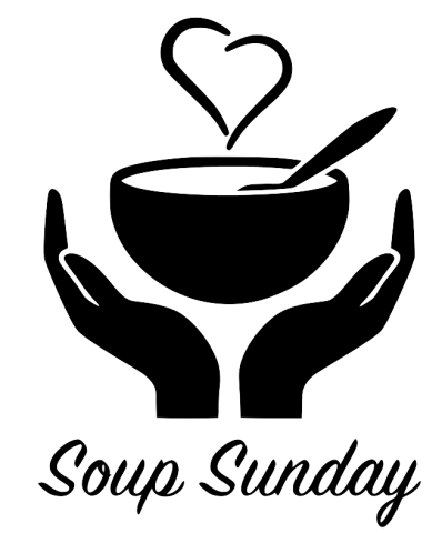 graphic showing two open hands holding a bowl and spoon, and steam rising from the bowl in the shape of a heart. The words "Soup Sunday" are written in a script font underneath the image.