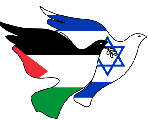 image showing two dove silhouettes, one colored with the colors of the Palestinian flag, and one colored with the colors of the Israeli flag.