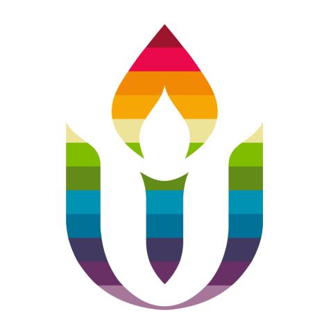 image of the UUA logo consisting of two, stylized letter "u"s with a flame in the middle, colored in rainbow colors.