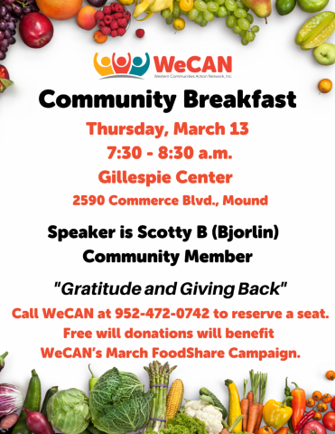 text advertising the Community breakfast on March 13.