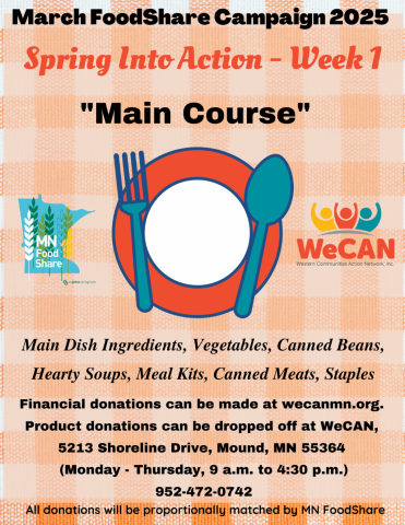 graphic of a plate, fork and spoon, advertising Week 1 of the the Spring Into Action FoodShare Campaign.