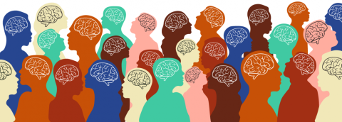 illustration of a multicolored group of silhouetted people, with line drawings of brains in their heads