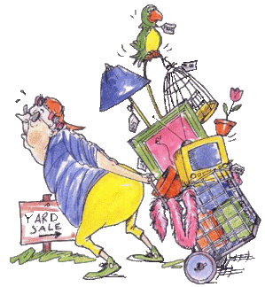 cartoon person struggling to haul an overfilled cart of yard sale items
