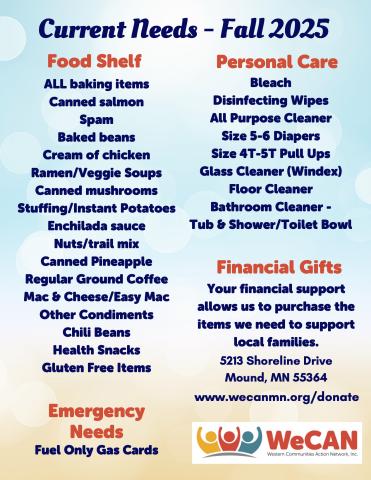 A list of food and personal care items needed for donation at WeCAN for the fall of 2025