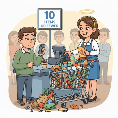 a person is buying more than 10 items in a line at the grocery store. The clerk is smiling while the other shoppers are angry.