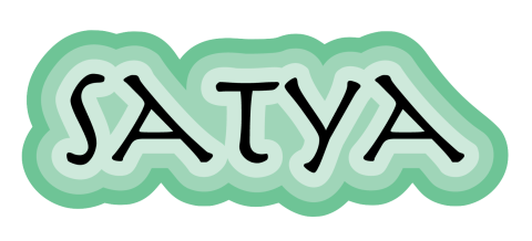The word "satya" in black text with green outlines