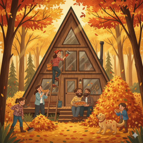 illustration of a group of people cleaning, raking leaves, and eating pizza near an a-frame style building