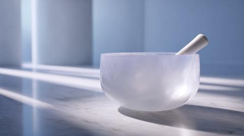 A glass singing bowl and wooden mallet on a flat surface in the sunlight