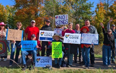 LFUU Members & Friends holding signs at Chaska No Kings Protest in October 2025