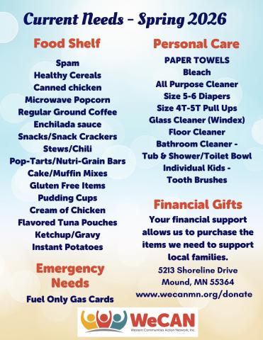 A list of items that are the current needs for Spring 2026 for WeCAN