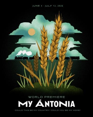 illustration of golden wheat against blue-green clouds and the words My Antonia