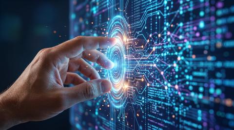 a hand is reaching out to touch the surface of a digital display